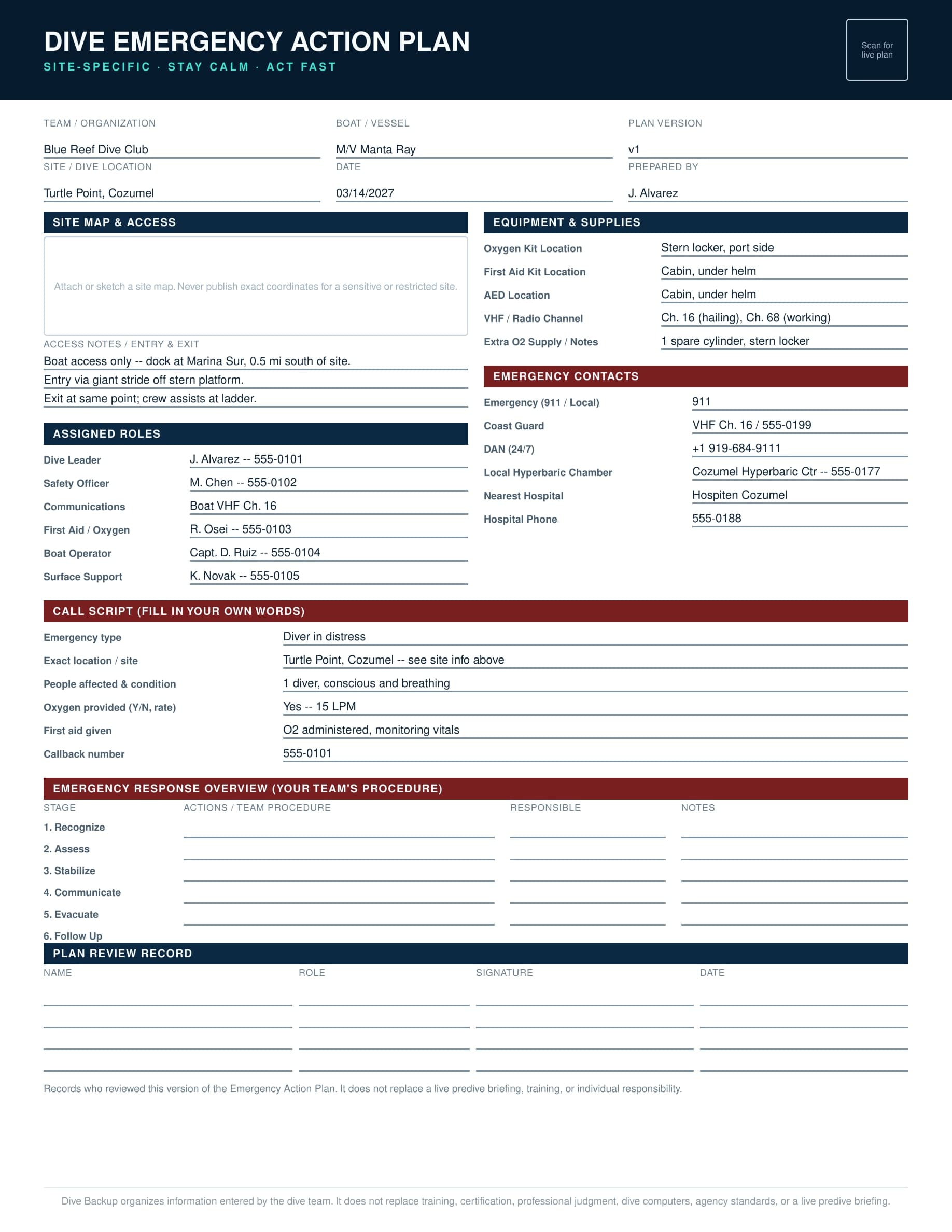 Dive Emergency Action Plan Template, filled in as an example -- site map, assigned roles, equipment, emergency contacts, call script, response overview, and plan review sections