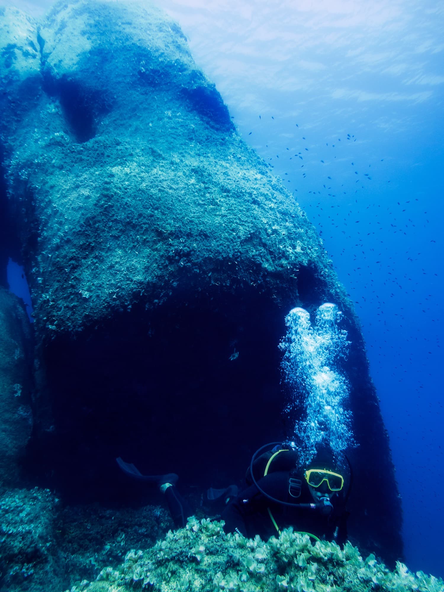 A diver ascending past a sunlit reef pinnacle with a school of fish